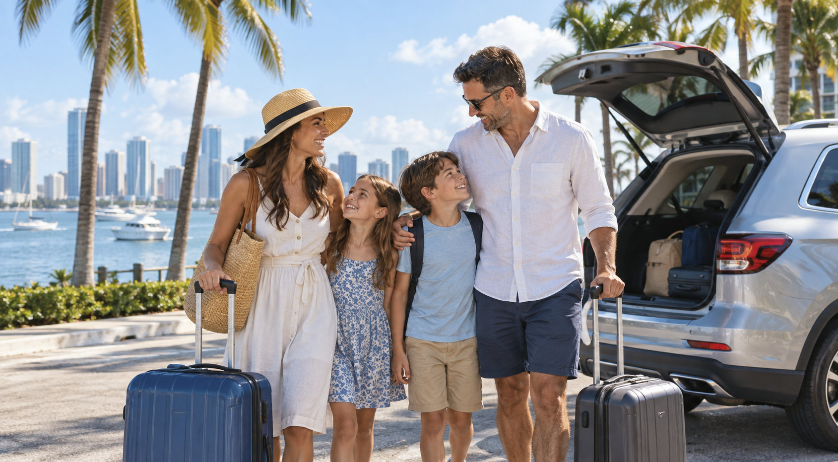 Familia con sus maletas junto a un auto en la costa de Florida