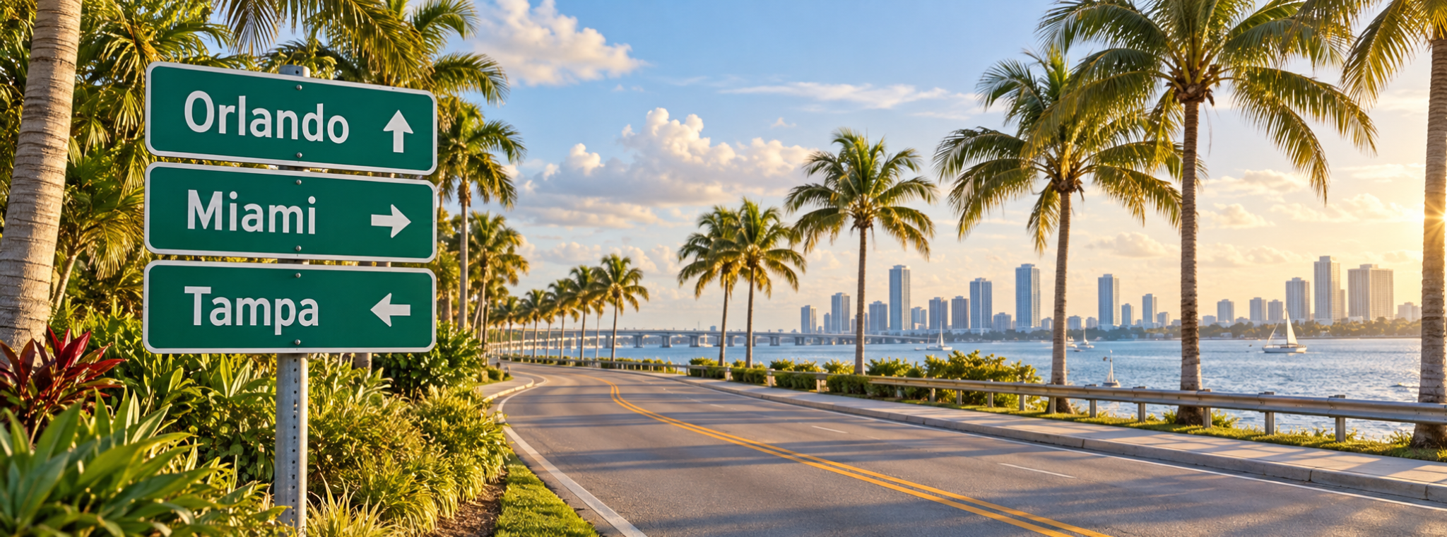 Letreros de Orlando, Miami y Tampa junto a una carretera con palmeras y la costa de Florida