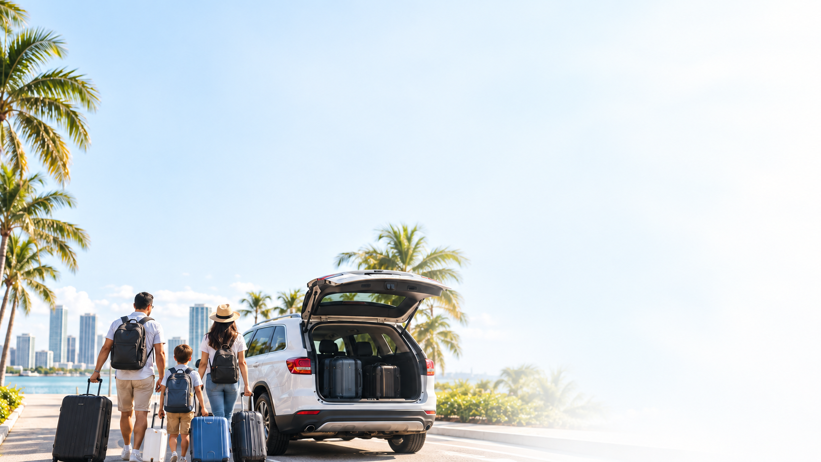 Familia con maletas junto a un auto, palmeras y la costa de Florida